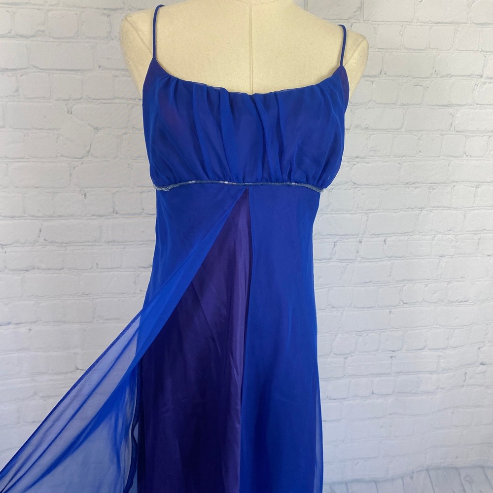 Vintage 90s Royal Blue Chiffon Babydoll Empire Waist Maxi Dress Large Formal